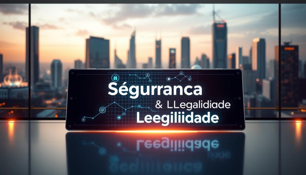 A high-tech security interface with sleek, modern design and clean lines. In the foreground, a digital panel displays the words "Segurança" and "Legalidade" in a bold, authoritative font. Behind it, a holographic grid represents the secure network infrastructure powering IPTV services. The middle ground features glowing icons and data visualizations, conveying the advanced technologies and protocols that ensure the legality and safety of the IPTV ecosystem. In the background, a cityscape of towering skyscrapers and futuristic architecture sets the scene, hinting at the scale and sophistication of the IPTV industry. Diffused, ambient lighting creates a sense of professionalism and reliability.