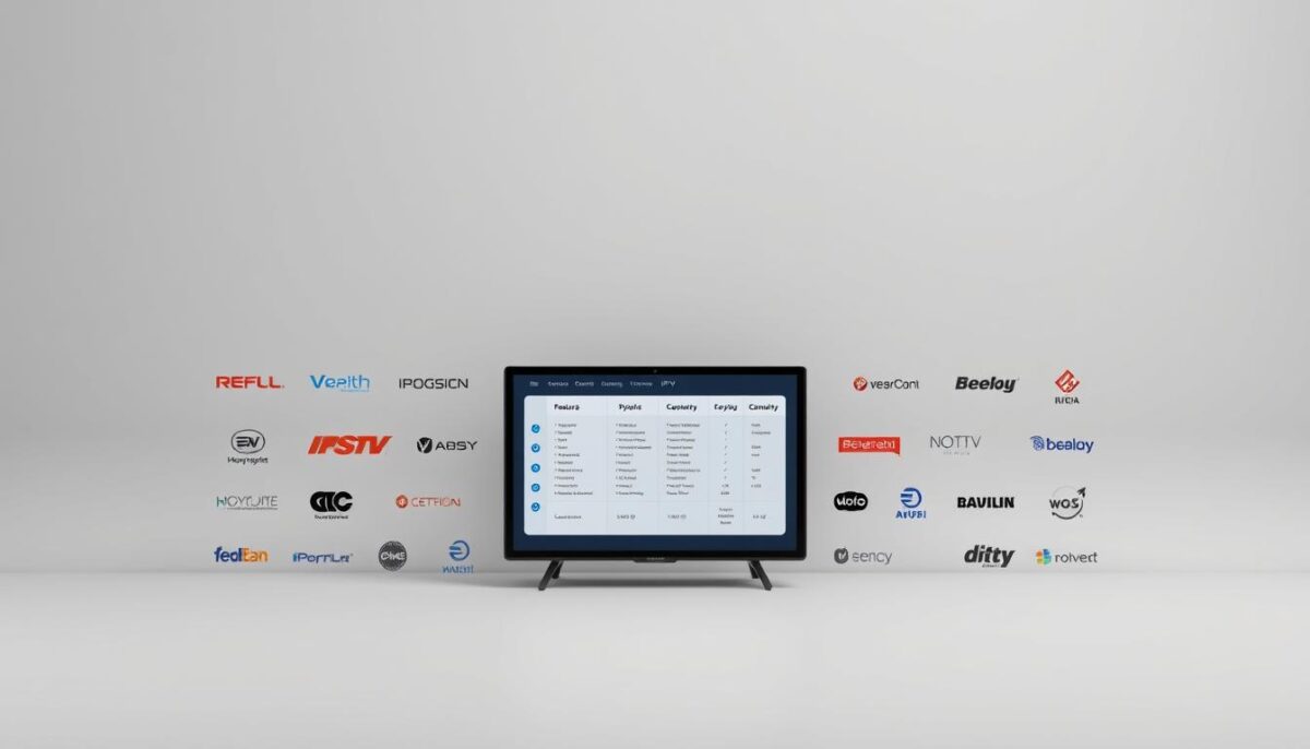 A modern, minimalist comparison of various IPTV platforms. Set in a well-lit, clean studio environment with a simple gray background. In the foreground, various IPTV service logos and icons are neatly arranged, each with a small description or data point displayed beneath. The middle ground features a central focus, perhaps a tablet or laptop screen displaying a side-by-side comparison of the key features, pricing, and performance metrics of the platforms. The background has a subtle, soft gradient, conveying a sense of professionalism and clarity. The overall mood is informative, organized, and visually appealing, reflecting the subject matter and supporting the "Comparativo com Outras Plataformas de IPTV" section.