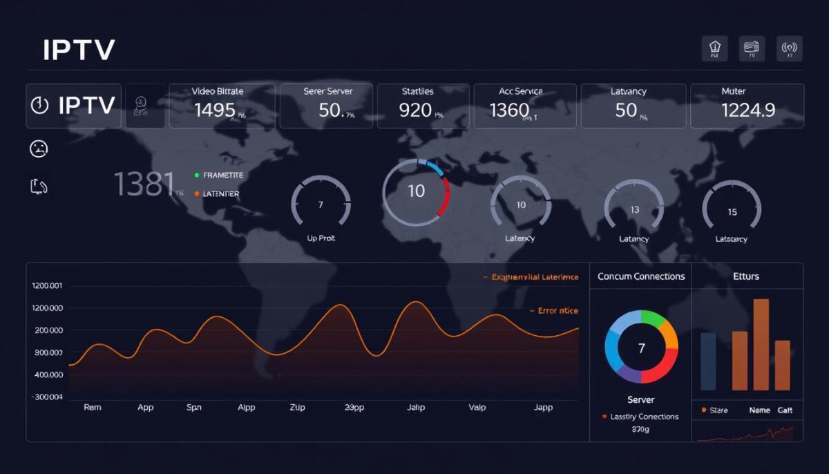 A modern, sleek IPTV dashboard displaying real-time metrics on service quality, stability, and user experience. In the foreground, a line graph visualizes the video bitrate, frame rate, and latency over time. The middle ground features a series of gauges and indicators tracking the server uptime, concurrent connections, and error rates. The background showcases a stylized world map, highlighting the global distribution of the IPTV infrastructure. The overall tone is professional, data-driven, and reassuring, conveying the reliability and performance of the IPTV service. A modern, sleek IPTV dashboard displaying real-time metrics on service quality, stability, and user experience. In the foreground, a line graph visualizes the video bitrate, frame rate, and latency over time. The middle ground features a series of gauges and indicators tracking the server uptime, concurrent connections, and error rates. The background showcases a stylized world map, highlighting the global distribution of the IPTV infrastructure. The overall tone is professional, data-driven, and reassuring, conveying the reliability and performance of the IPTV service.