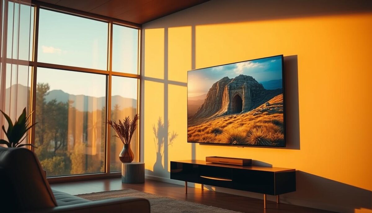 A pristine 4K video stream, with vibrant colors and crisp details, illuminated by natural lighting filtering through a large window. The scene depicts a sleek, modern living room setup, with a high-end OLED television mounted on the wall, displaying a captivating nature documentary. The room is bathed in a warm, golden glow, creating a cozy and immersive atmosphere. The overall composition emphasizes the sharpness and clarity of the image, conveying a sense of premium quality and cinematic viewing experience.