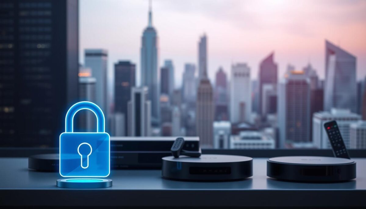 A serene and secure IPTV service, with a sleek and modern interface. In the foreground, a padlock icon symbolizes the privacy and encryption of user data. In the middle ground, an array of streaming devices, representing the seamless compatibility of the IPTV platform. In the background, a cityscape of skyscrapers, conveying a sense of trust and reliability. The lighting is soft and diffused, creating a calming atmosphere. The overall composition suggests a trustworthy and legal IPTV experience, tailored to the needs of the modern viewer.