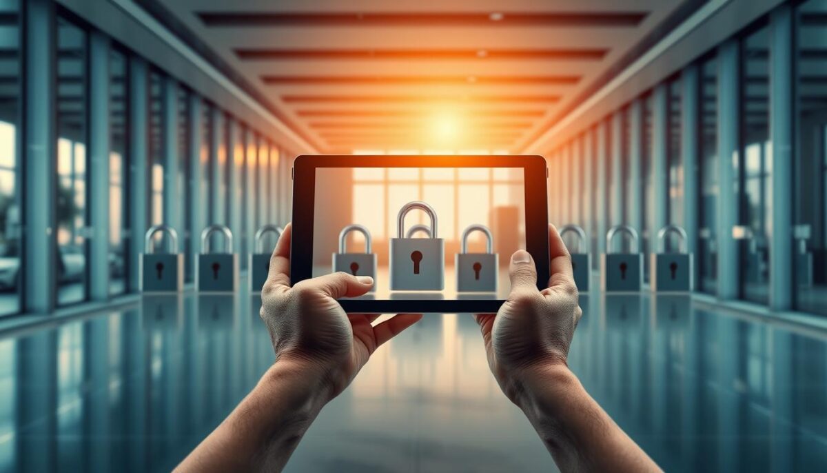 A serene and secure digital landscape showcasing the legality of IPTV services. In the foreground, a pair of hands gently hold a tablet displaying an IPTV interface, conveying a sense of trust and reliability. The middle ground features a row of padlocks, symbolizing the robust security measures in place. In the background, a sleek, modern office environment with floor-to-ceiling windows bathed in warm, natural light, evoking a professional and trustworthy atmosphere. The overall composition exudes a sense of confidence, transparency, and adherence to legal practices, aligning with the subject of "Segurança e Legalidade dos Serviços IPTV".