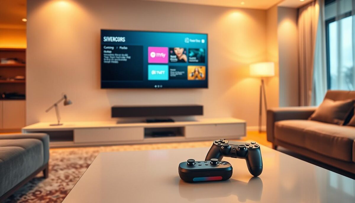 A spacious, modern living room with a large, wall-mounted HDTV displaying a sleek, intuitive user interface. The interface features a clean, minimalist design with high-contrast typography and vibrant, saturated colors. On the coffee table, a high-end gaming controller lies next to a state-of-the-art streaming media player, hinting at an immersive entertainment experience. Warm, ambient lighting illuminates the scene, creating a cozy, inviting atmosphere. The room's layout and furniture evoke a sense of comfort and relaxation, making the user interface the focal point of the composition. The overall scene conveys a seamless, user-centric experience that blends technology and home decor.