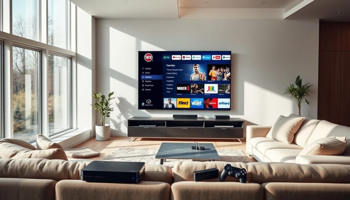 A well-lit modern living room with a large couch, a sleek TV stand, and a variety of streaming devices such as a set-top box, a gaming console, and a streaming stick. On the TV screen, a test IPTV interface with various menu options, channel listings, and video playback controls. The room is filled with natural light from large windows, creating a warm and inviting atmosphere. The overall scene conveys the idea of a comfortable, tech-savvy environment where IPTV resources can be explored and enjoyed.
