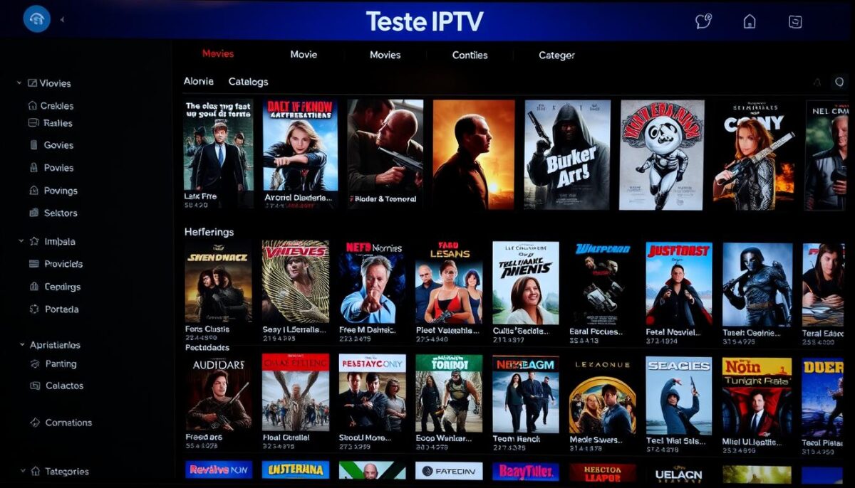 Interface do serviço Lux Decorações IPTV mostrando catálogo de filmes durante Teste IPTV