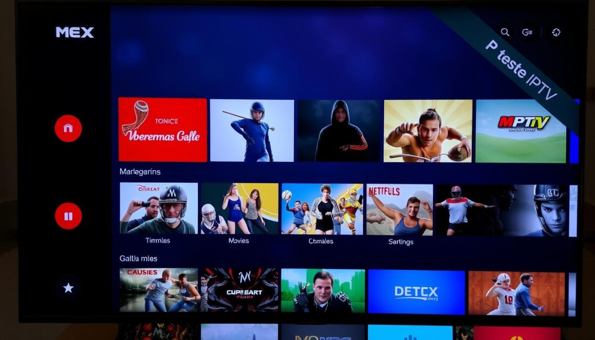 Interface do serviço Mex Brasil IPTV mostrando menu de canais durante Teste IPTV