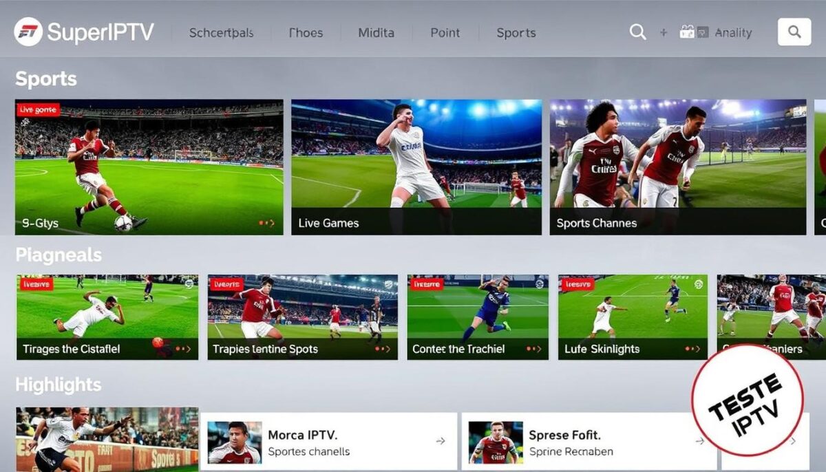 Interface do serviço SuperIPTV mostrando canais esportivos durante Teste IPTV