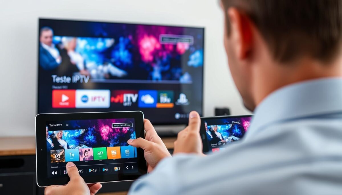 Pessoa comparando diferentes interfaces de Teste IPTV em múltiplos dispositivos