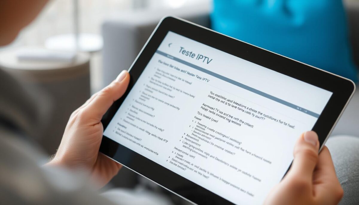 Pessoa consultando FAQ sobre Teste IPTV em um tablet