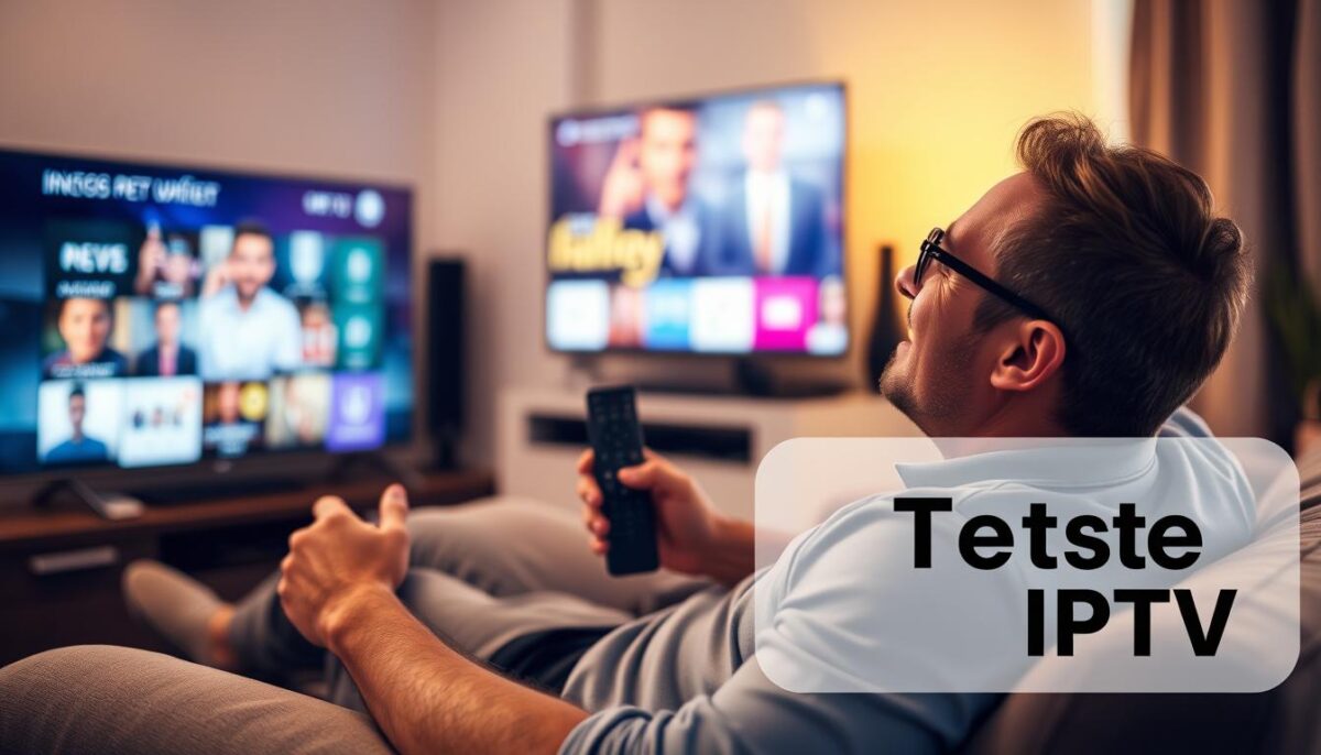 Pessoa satisfeita assistindo TV após realizar um Teste IPTV bem-sucedido