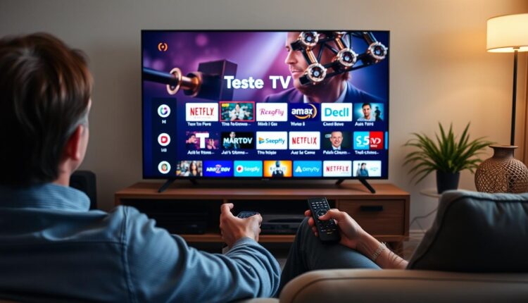 Pessoa testando IPTV em uma smart TV mostrando interface com múltiplos canais disponíveis para Teste IPTV