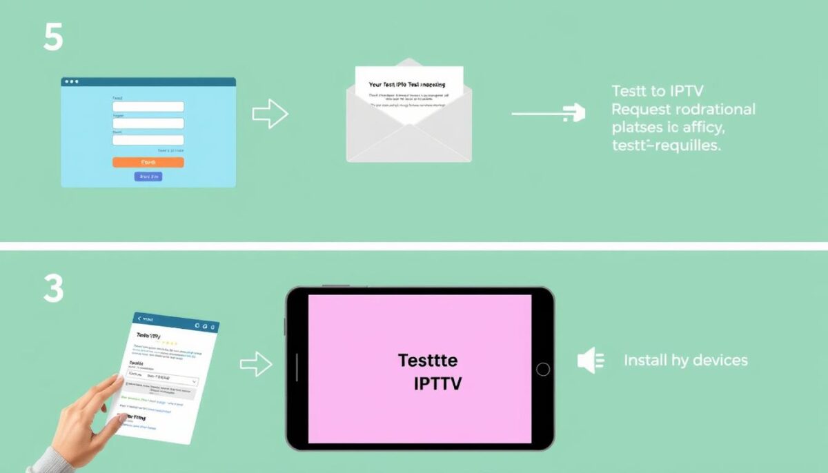 Processo de solicitação de Teste IPTV mostrando formulário e confirmação por email