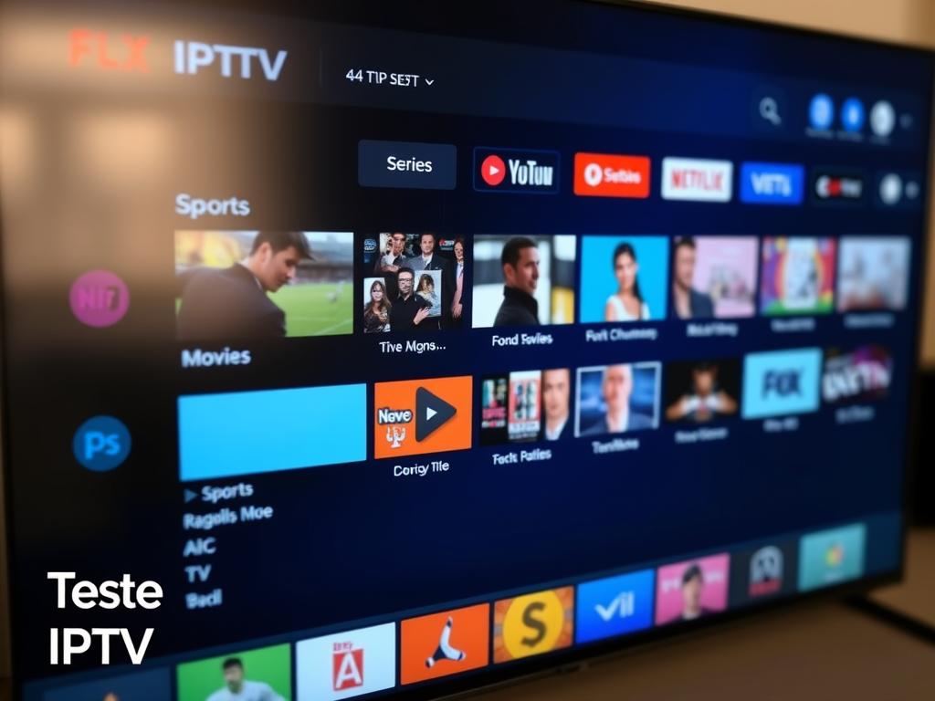 Tela mostrando menu de Teste IPTV com diversos canais e categorias disponíveis